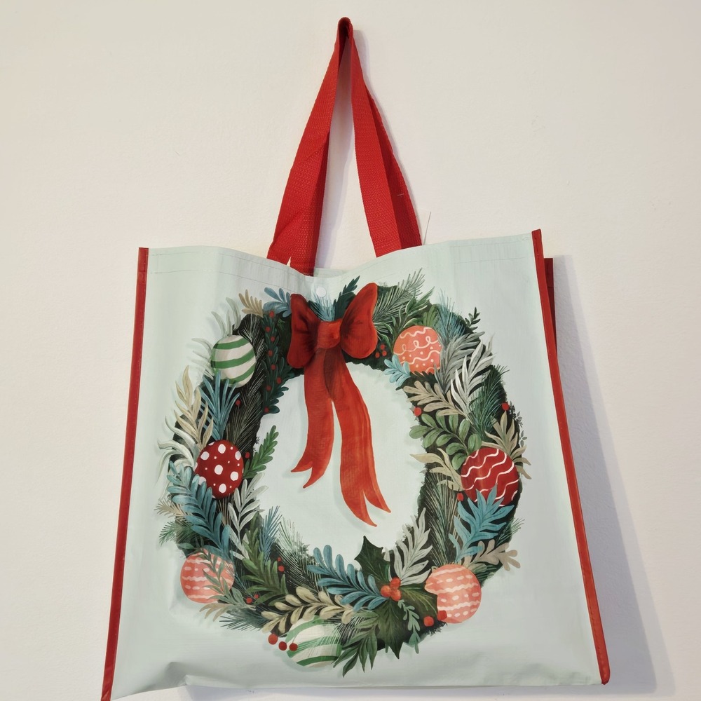 Christmas Wreath Ribbon Bow Greenery Balls Ornaments TJMaxx Tote Bag Gift - Picture 2 of 4